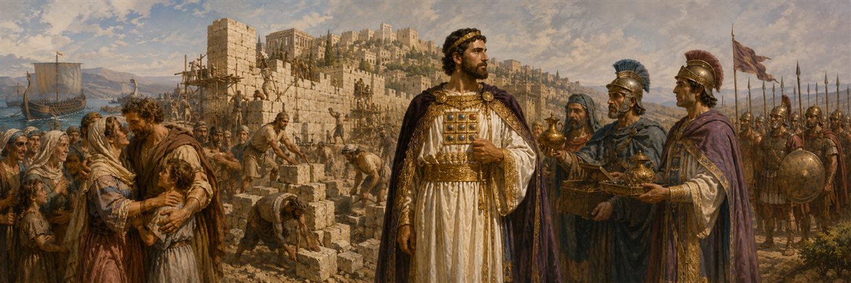 Jonathan reunites hostages with families and oversees Jerusalem's walls before receiving high-priestly robes from royal envoys
